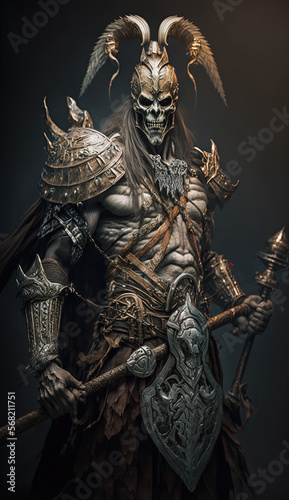 Skeleton Warrior isolated on a dark background with cinematic lighting in his best villain arc 