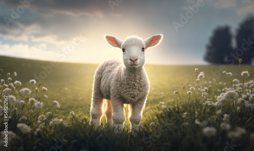  Easter, white young lamb standing up looking straight ahead in an open field in the grass with the sun rising, early morning soft light. Holy Weekend. Image created with generative ai.