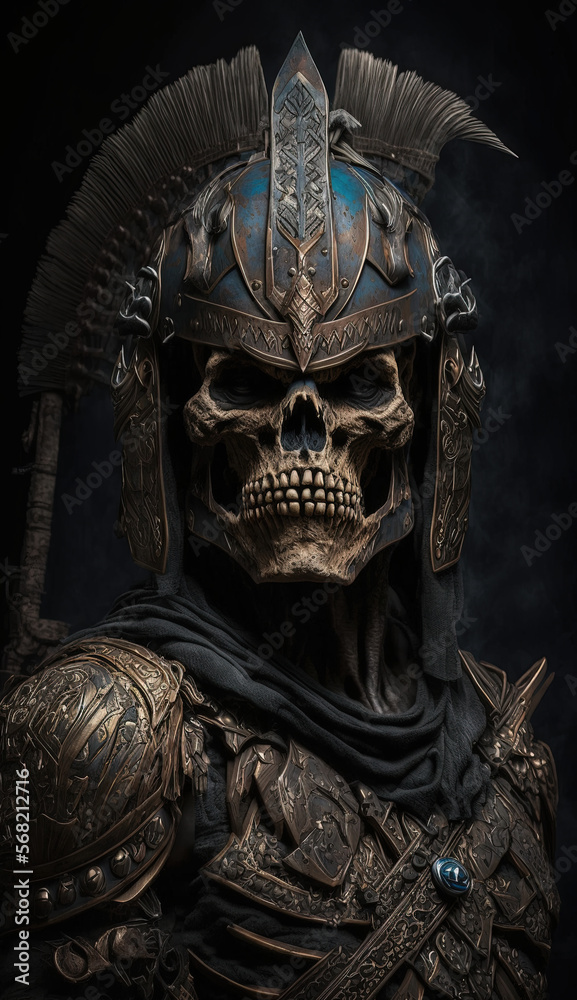 Skeleton Warrior isolated on a dark background with cinematic lighting in his best villain arc 