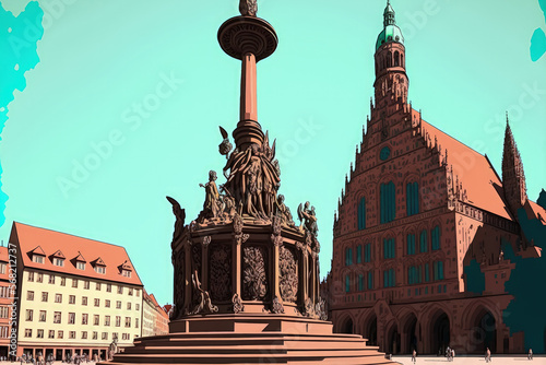 Frauenkirche Church and the Schoner Brunnen Ancient Fountain are located at Hauptmarkt Main Square in Old Nuremberg. The second largest city in Germany's Bavaria state is Nuremberg. Generative AI photo