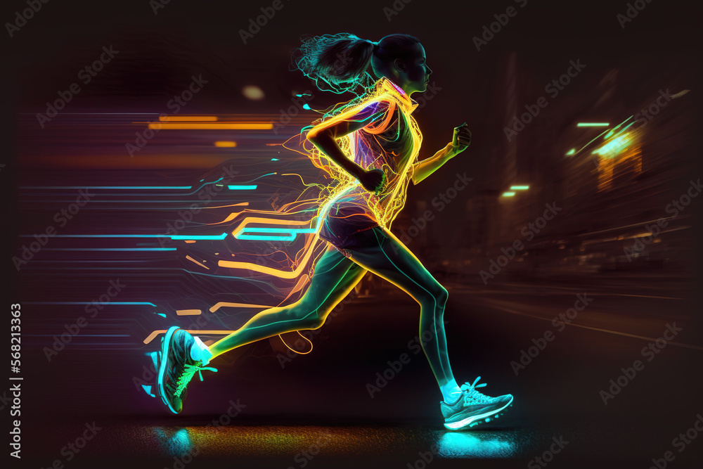 Woman Sprinting Neon Light Art, Woman Running Abstract Art, Runner Illustration, Line Drawing, Fast Athlete Portrait, Colorful Design, Track and Field, Cross Country, Poster, Print, Web
