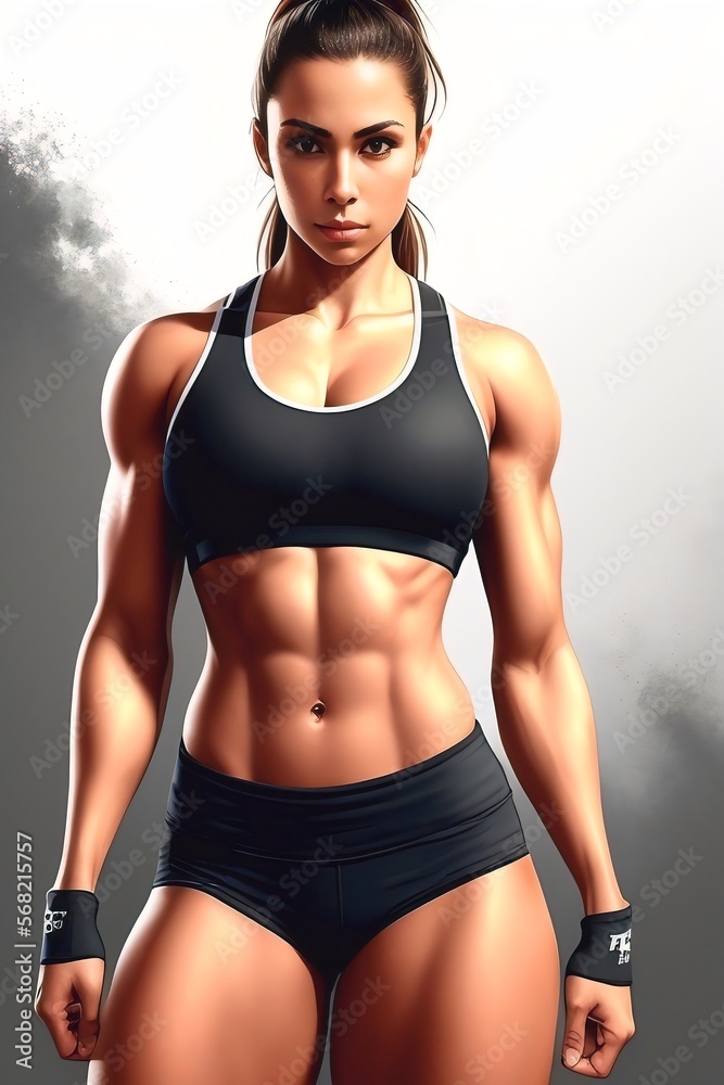 A beautiful athletic brunette girl in a sports bra and shorts poses for a  photo with naked muscles. Generative AI Stock Illustration | Adobe Stock