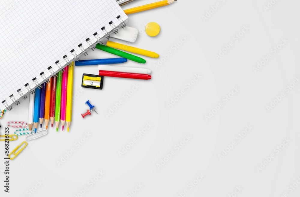 School stationery supplies on office desk School stationery supplies on office desk