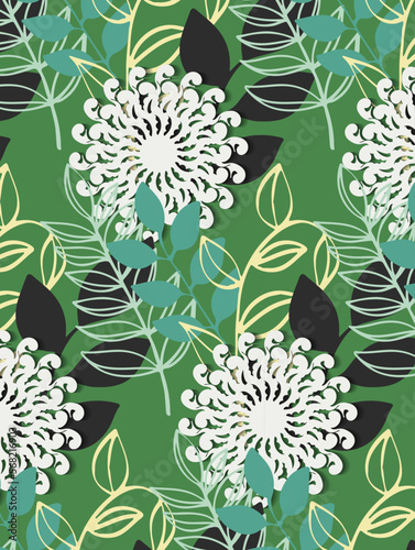 Seamless pattern with leaves on the green background