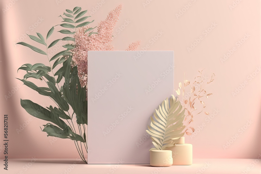 Frame, cover, card, or postcard with a discrete botanical background and a shadow on the wall. Exhibition Podium, stand, and showcase for a high end product on a light pastel background. Generative AI Frame, cover, card, or postcard with a discrete botanical background and a shadow on the wall. Exhibition Podium, stand, and showcase for a high end product on a light pastel background. Generative AI