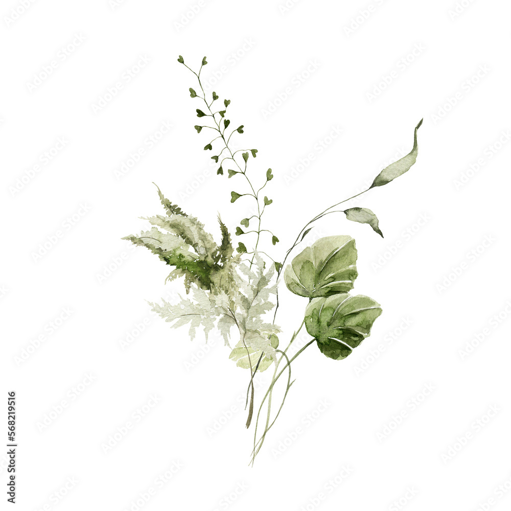 Watercolor floral bouquet. Hand painted set of forest greenery
