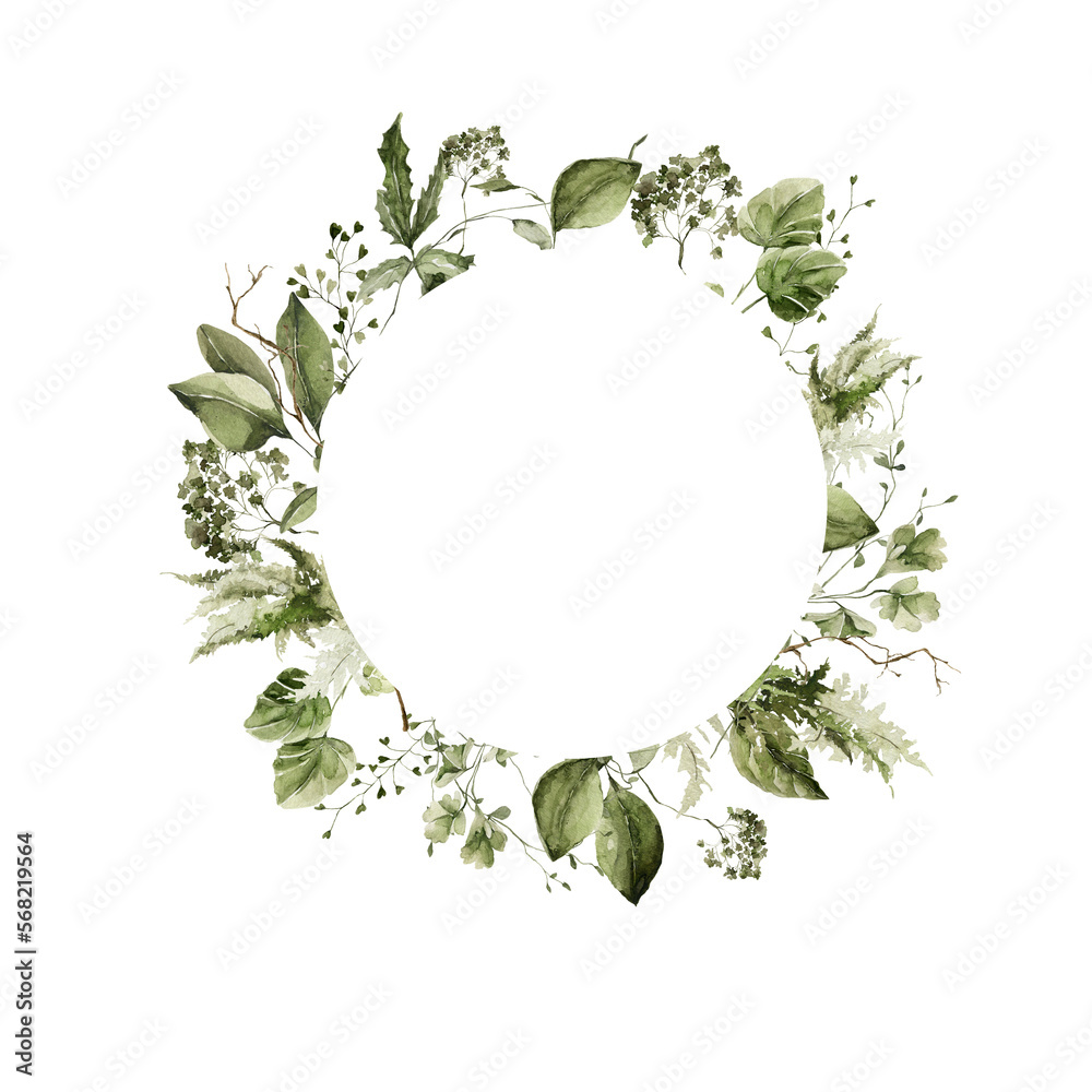 Naklejka premium Watercolor floral frame. Hand painted border of forest greenery, wildflowers, herbs. Green leaves, branches, foliage isolated on white background. Botanical illustration for design, print, background