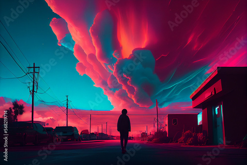 lonely guy walking in the middle of the road looking at the colorful sky