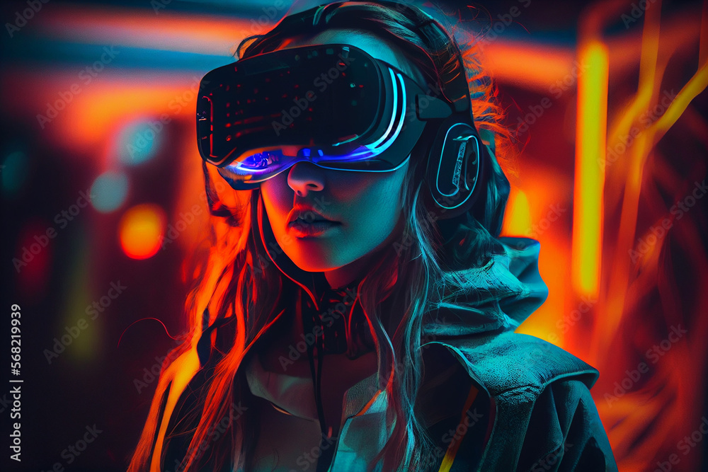 The young woman is using virtual reality viewer.