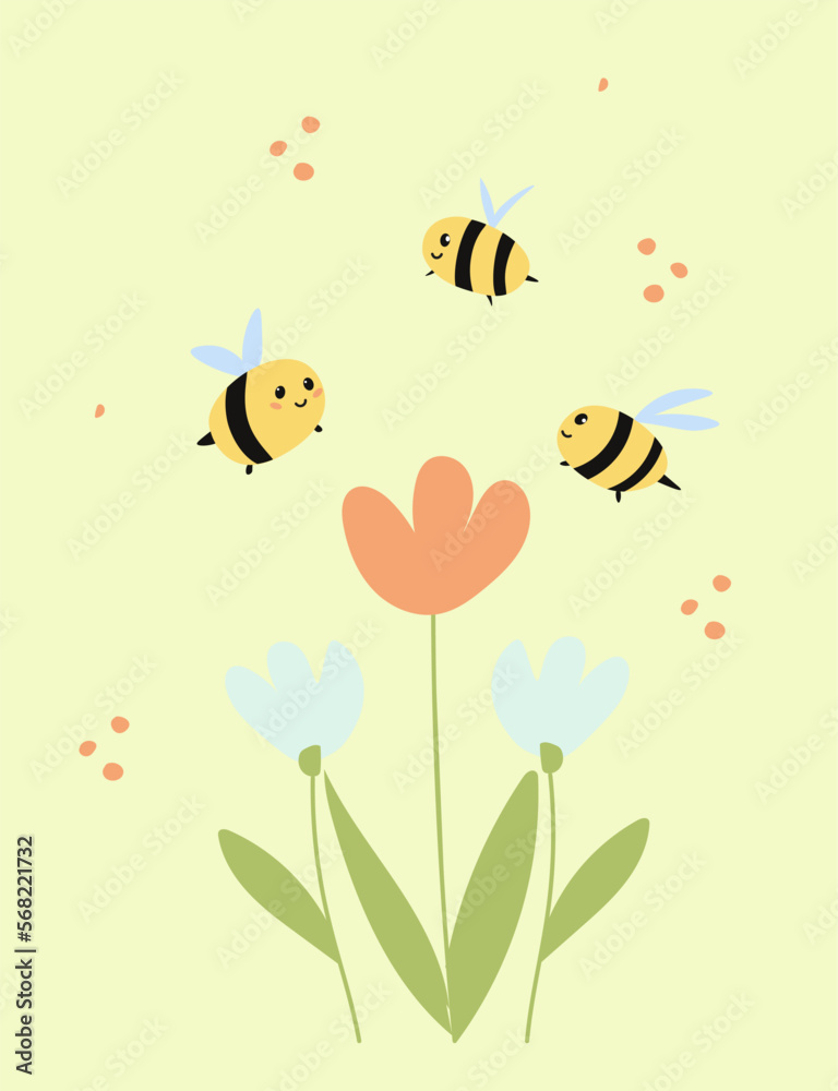 cute postcard with flowers and bees for the holiday