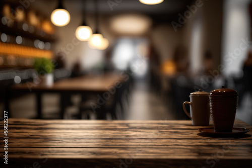 Selective focus of a cafe restaurant with a blurry background and an empty wood table top. To display montage products. Generative AI
