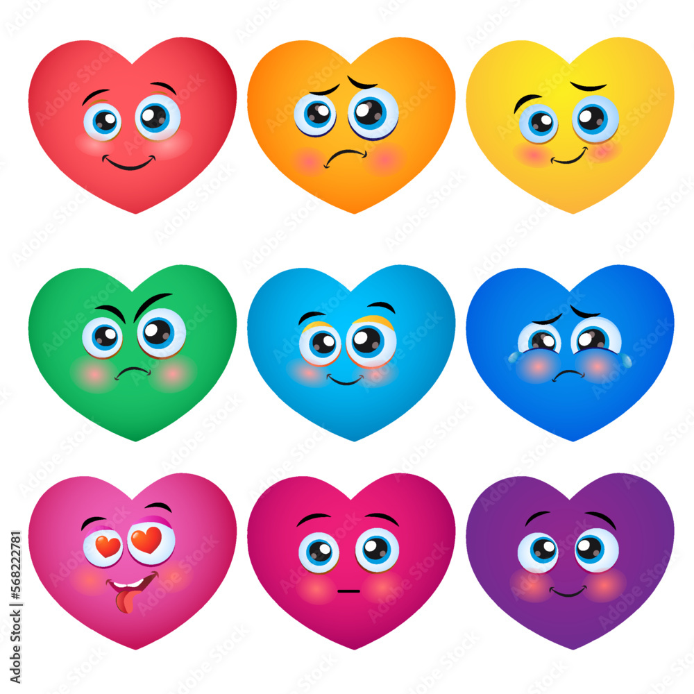 Funny Colored smiley Hearts. Cute Cartoon characters. Bright Vector set of Heart icons. Creative hand drawn hearts with different emotions. Cartoon design element for Valentines Day greeting card.