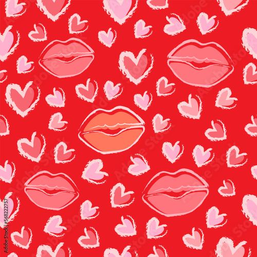 Vector Seamless Pattern with chalk drawn Red Lipstick Printing. Repeating heart and lips prints. Repeated background. Beauty backdrop. Design with symbols Love for Printed. Texture romantic concept