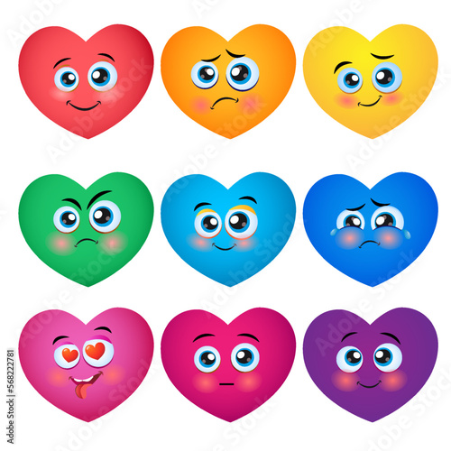 Funny Colored smiley Hearts. Cute Cartoon characters. Bright Vector set of Heart icons. Creative hand drawn hearts with different emotions. Cartoon design element for Valentines Day greeting card. © Albina