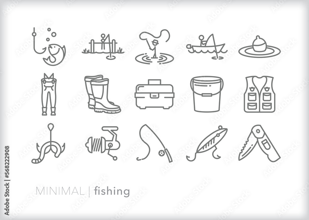 Set of fishing line icons of items for a recreational or hobby fisher to use on the water - obrazy, fototapety, plakaty 