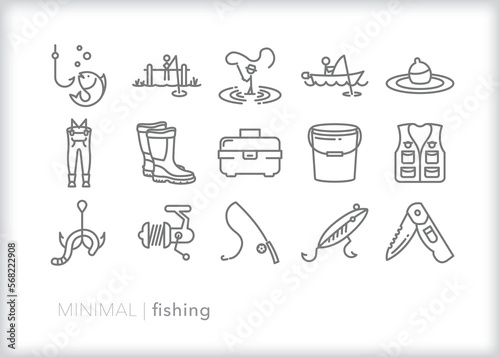 Set of fishing line icons of items for a recreational or hobby fisher to use on the water