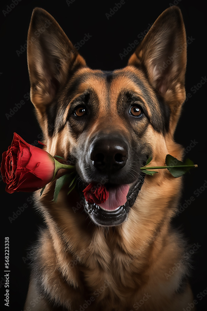 Portrait of a brown German Shepherd dog holding a red rose in its teeth