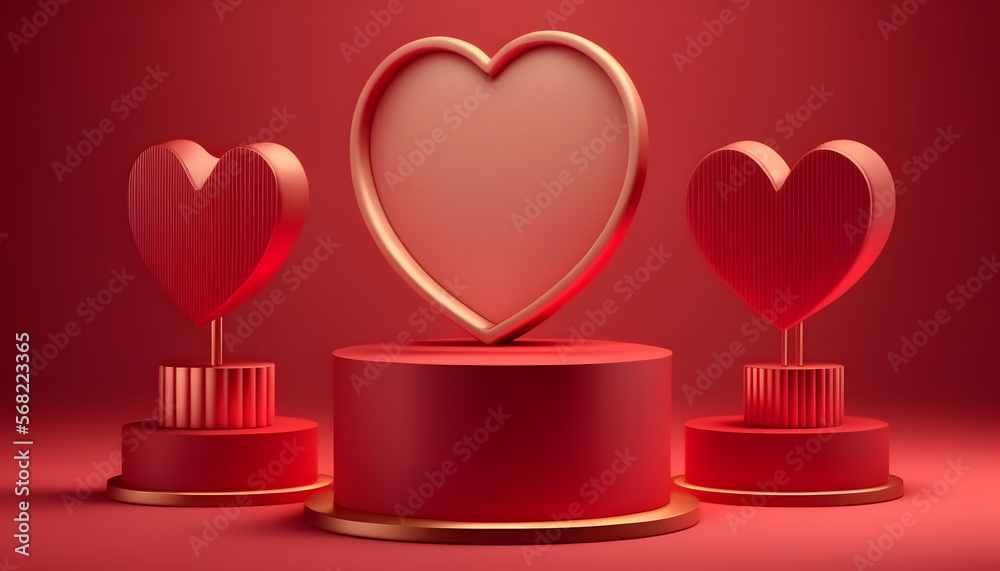 Valentine's day background, stage podium decorated with heart-shaped lighting. Pedestal scene with product, advertisement, show, award ceremony, 3d render