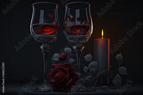 two glasses of red wine with lit up candle nearby and red rose under it photo