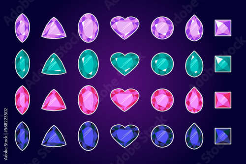 Set of gemstones and jewelry in different colors. Vector rhinestones and diamonds, sapphire and amethyst, emerald, ruby on the dark background.