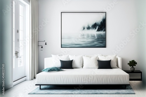 Modern room design with sleeper sofa close to white wall. Additional guest space. Generative AI