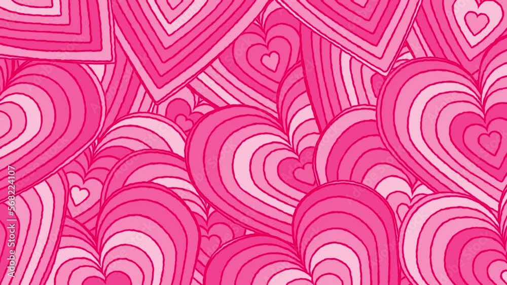 Looped cartoon abstract background of overlapping concentric pink hearts