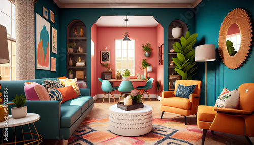 Interior design of a living room with brightly colored walls, long cozy sofas, colorful pillows, armchairs, and textured rug | Bold and colorful living room with bright furniture | Generative Ai 