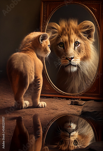 Kitten looks in the Mirror, sees a Lion. generative AI