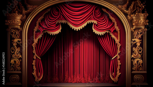 A theater with a red curtain and stage  generative ai