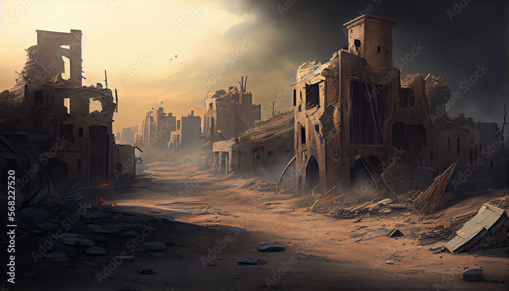 View of destroyed city by war, generative ai