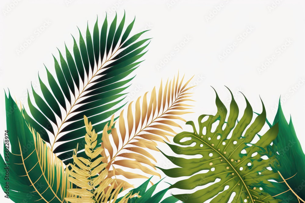 Fototapeta premium a white background with an illustration of palm leaves. Generative AI