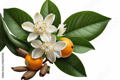 White background with single orange blossom white flower and buds. citrus blossom neroli. Generative AI photo