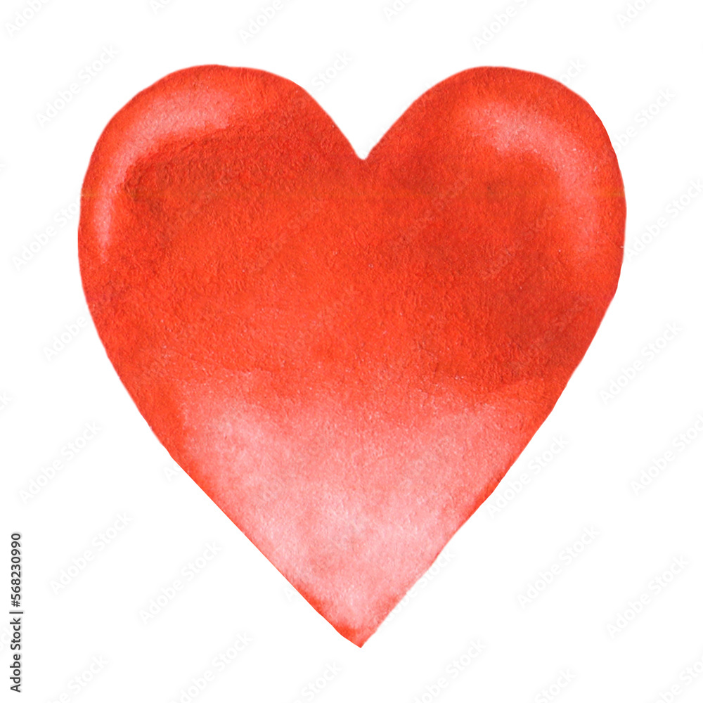 Painted red watercolor heart with highlights on white background
