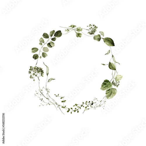 Watercolor floral wreath. Hand painted frame of forest greenery  wildflowers  herbs. Green leaves  branches  foliage isolated on white background. Botanical illustration for design  print  background