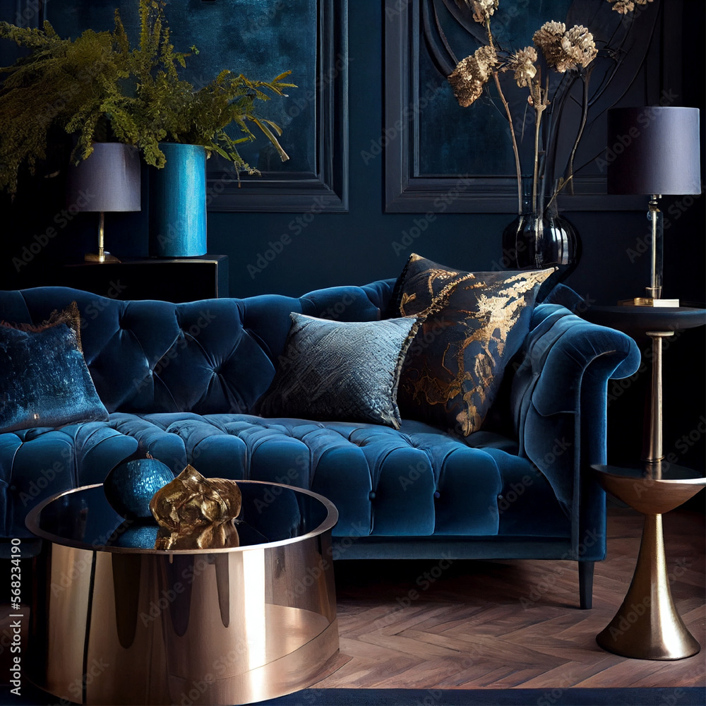 Interior design of a living room with dark blue walls and black accent