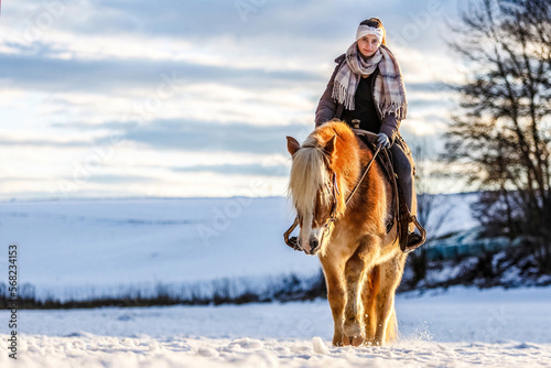 Portrait of a teenager equestrian girl riding on her haflinger horse through the snow in front of a rural snowy landscape during evening light