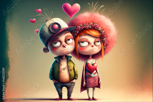 Whimsical illustration art Loving couple Valentine's day card. Generative Ai