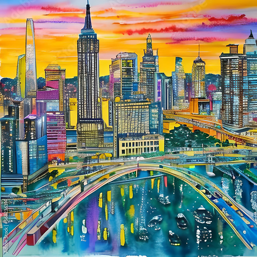 Colorful sketch of modern city skyline at night created using Generative AI © lorilea22