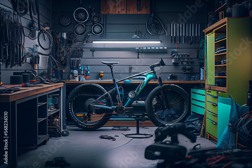 Interior of modern bicycle garage or workshop with many professionals tools and equipment. Created with Generative AI technology