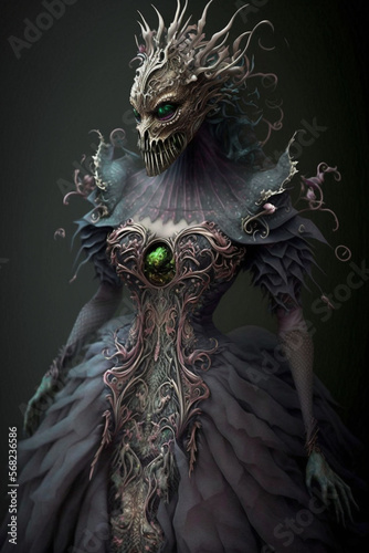Dark queen of nightmares, a fantasy portrait of a stylish woman dressed in a beautiful dress. Generative AI illustration 