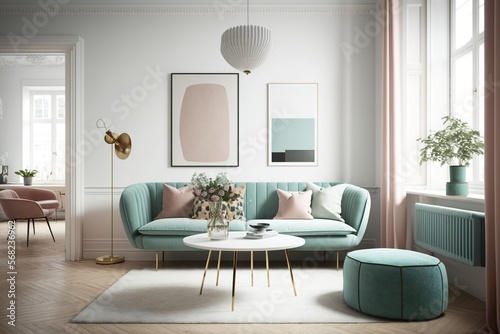 a modern, danish, bright living room interior design in pastel colors with a framed print mockup