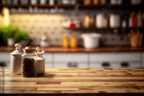 Wood table top with a background of a kitchen room in blur. for montage product presentation or essential visual layout design. Generative AI