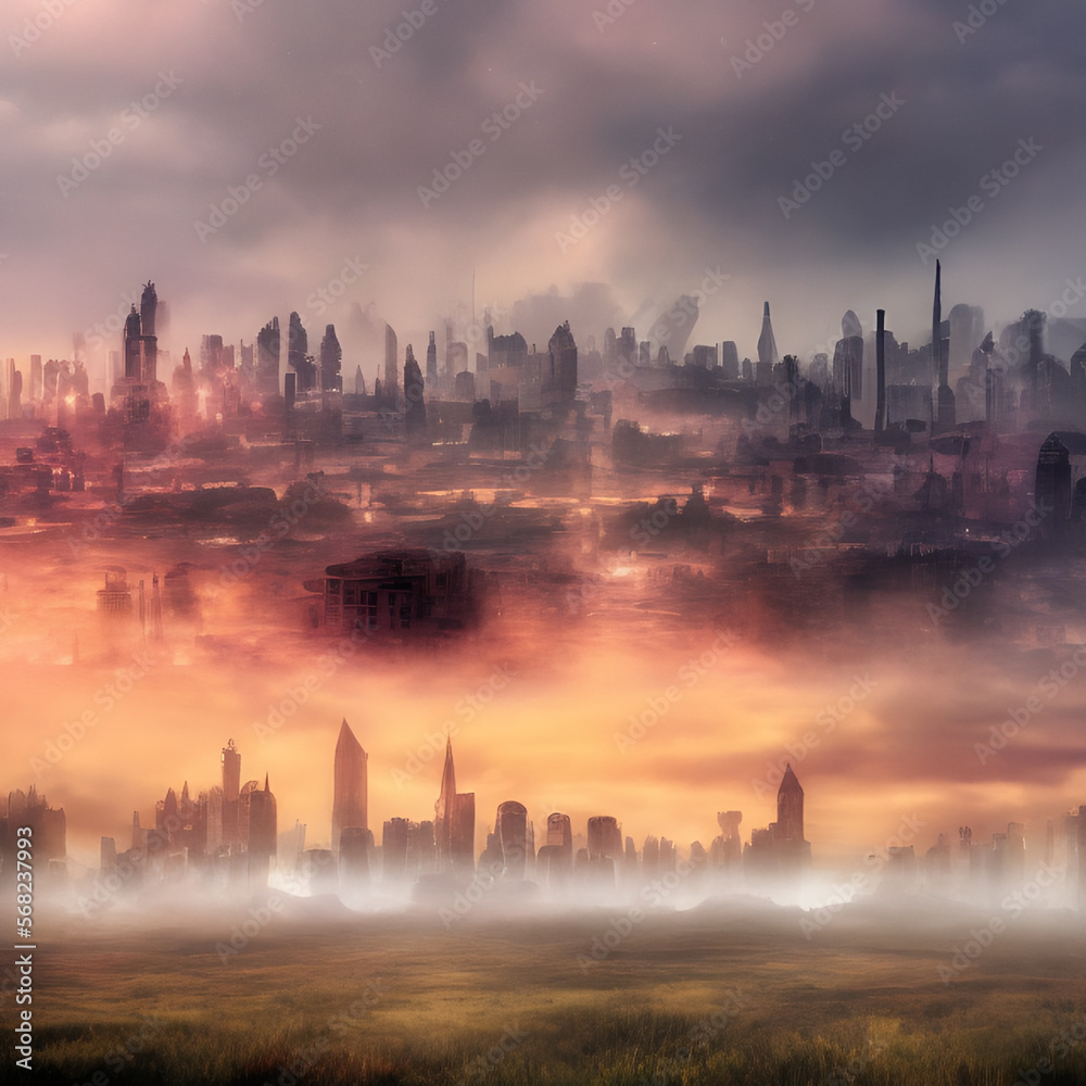 Abstract fictional scary dark wasteland city background large cityscape