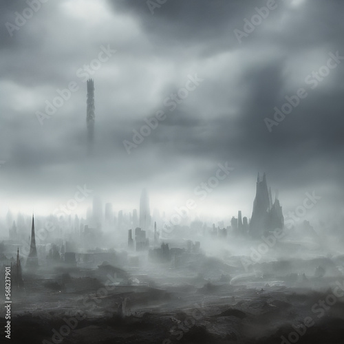 Abstract fictional scary dark wasteland city background mist covers city