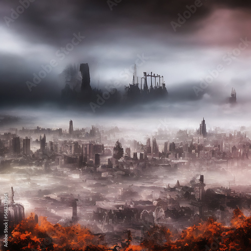 Abstract fictional scary dark wasteland city background pending doom