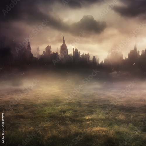 Abstract fictional scary dark wasteland city background large distant abandoned city
