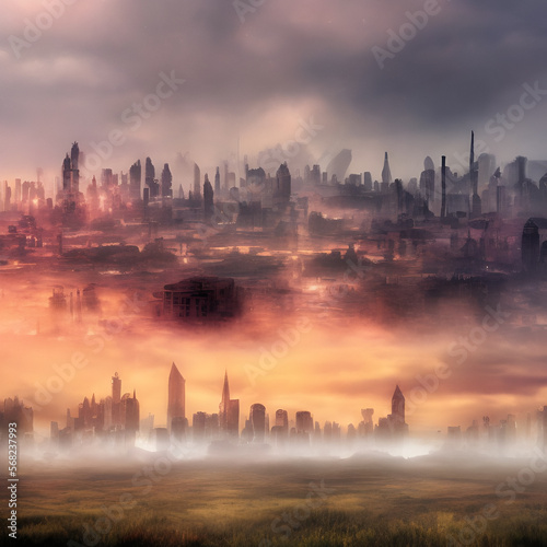 Abstract fictional scary dark wasteland city background large cityscape