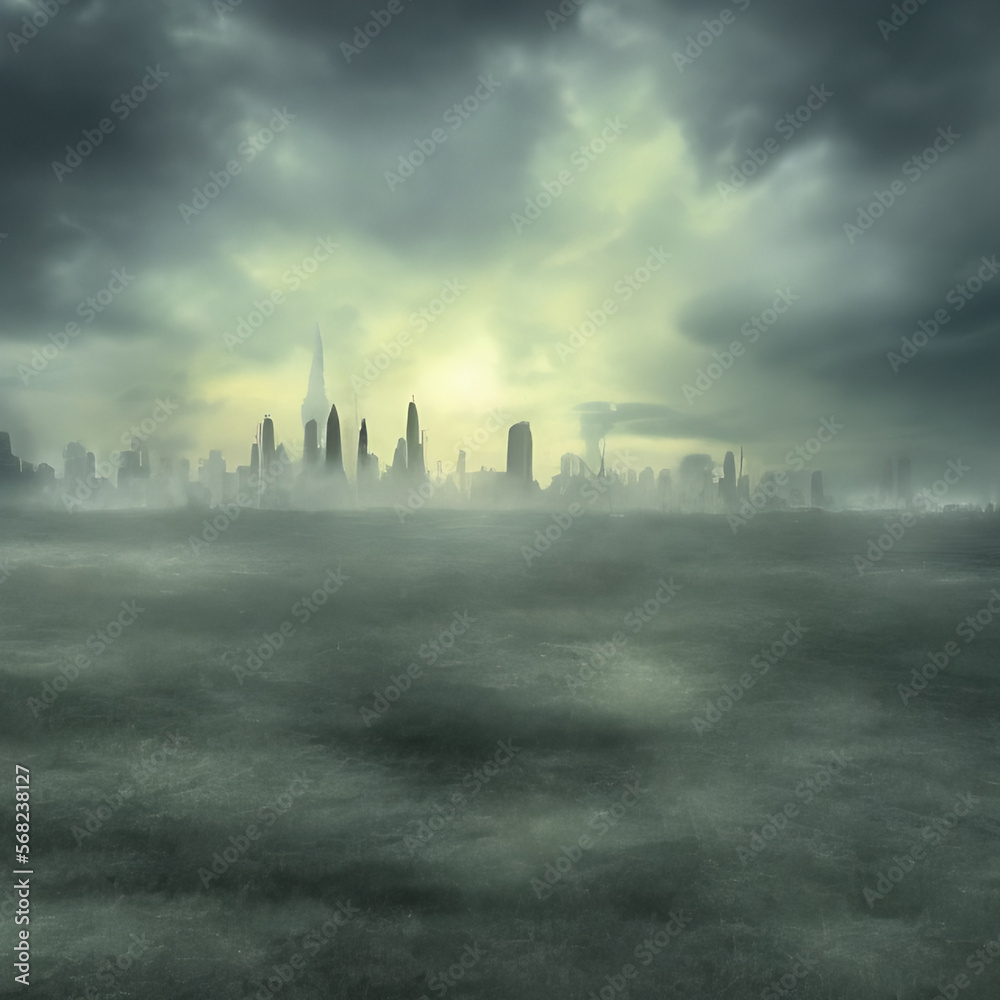 Abstract fictional scary dark wasteland city background far off city desert ground