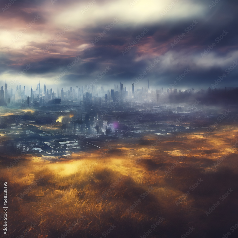 Abstract fictional scary dark wasteland city background light and distant city