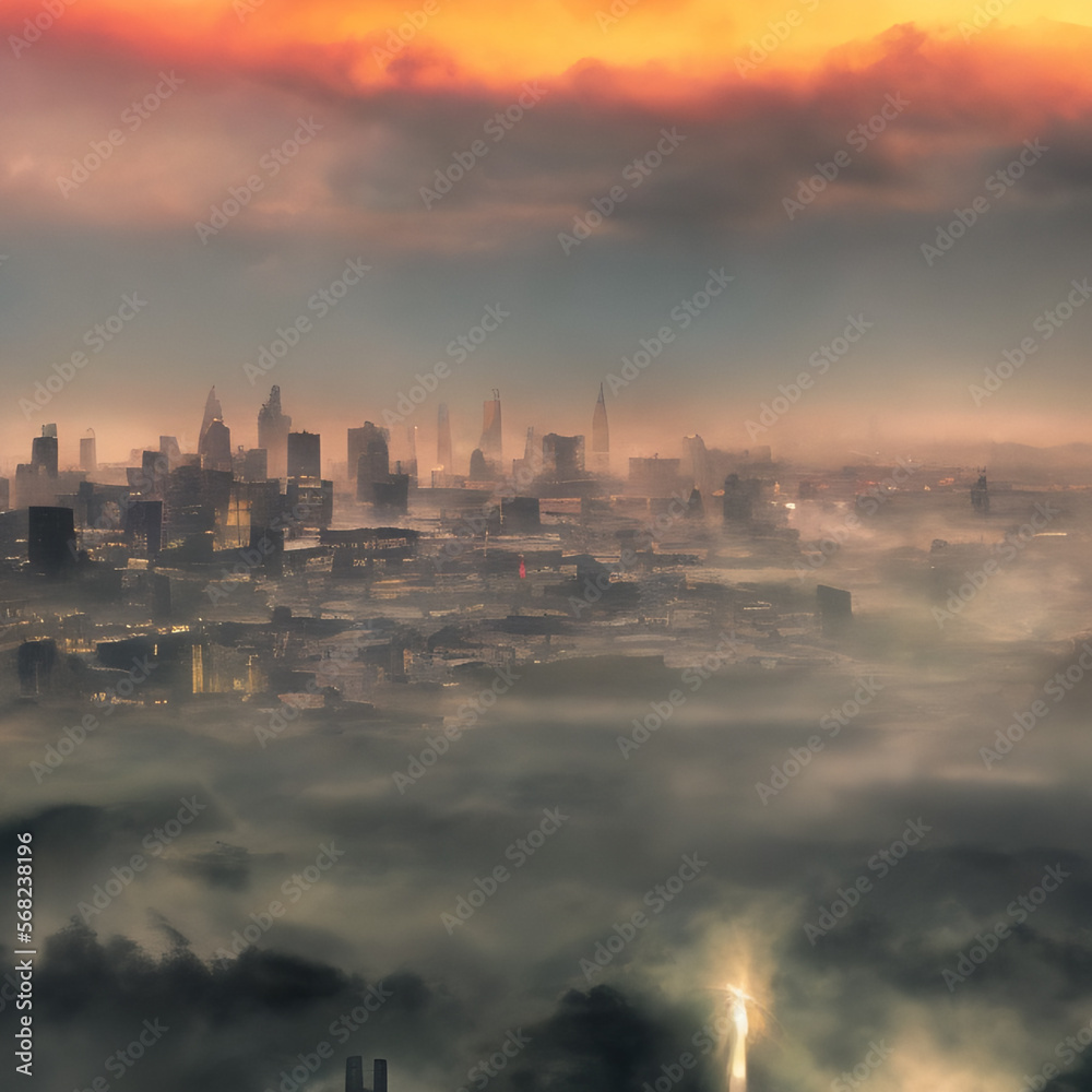Abstract fictional scary dark wasteland city background dreamy view